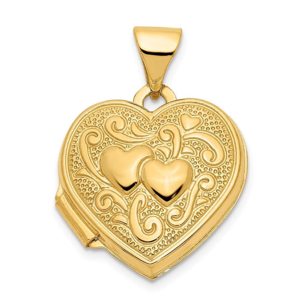 14k Yellow Gold 15mm Double Design Heart Shaped Locket, Item P12189 by The Black Bow Jewelry Co.