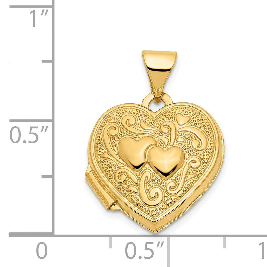 Alternate view of the 14k Yellow Gold 15mm Double Design Heart Shaped Locket by The Black Bow Jewelry Co.