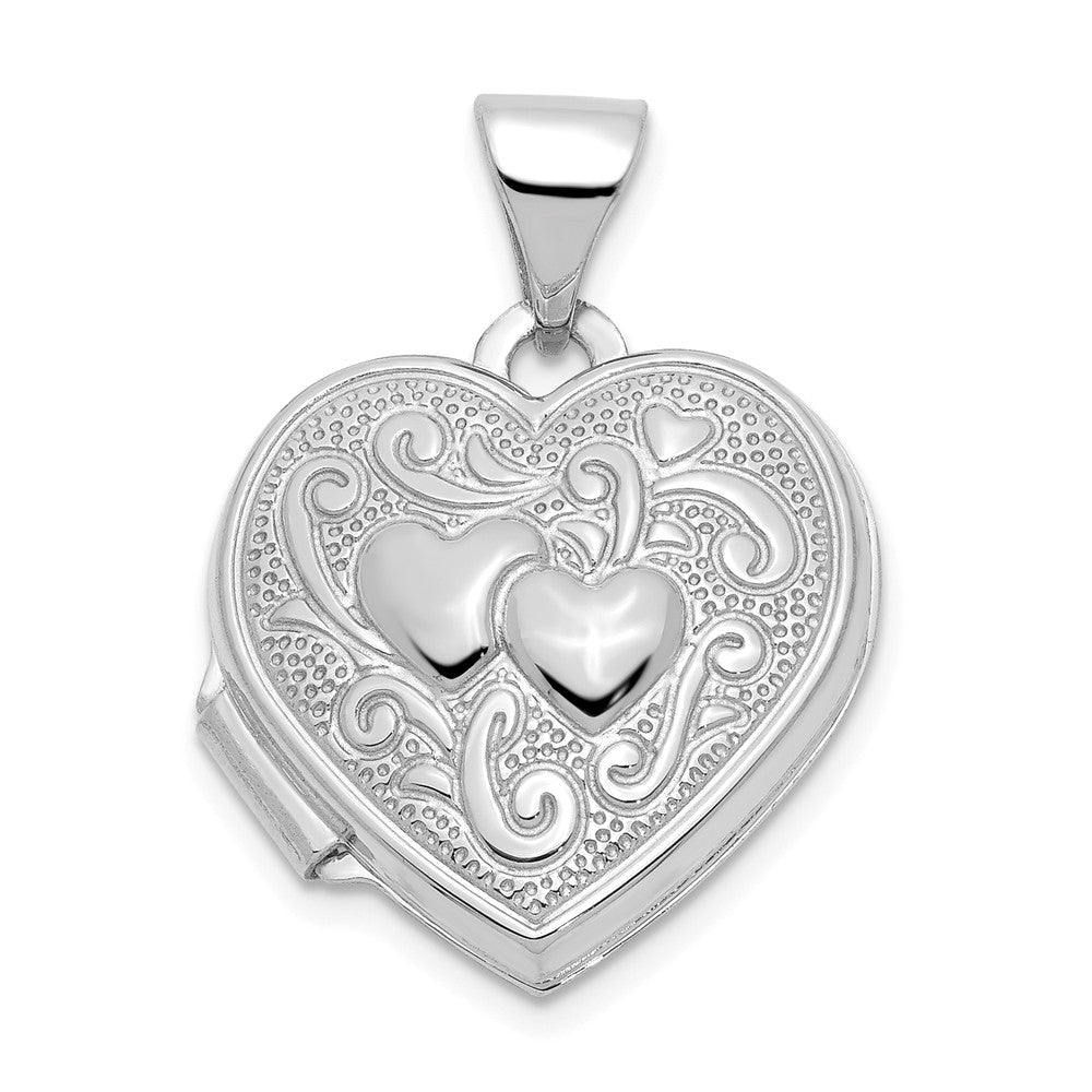 14k White Gold 15mm Double Design Heart Shaped Locket, Item P12190 by The Black Bow Jewelry Co.