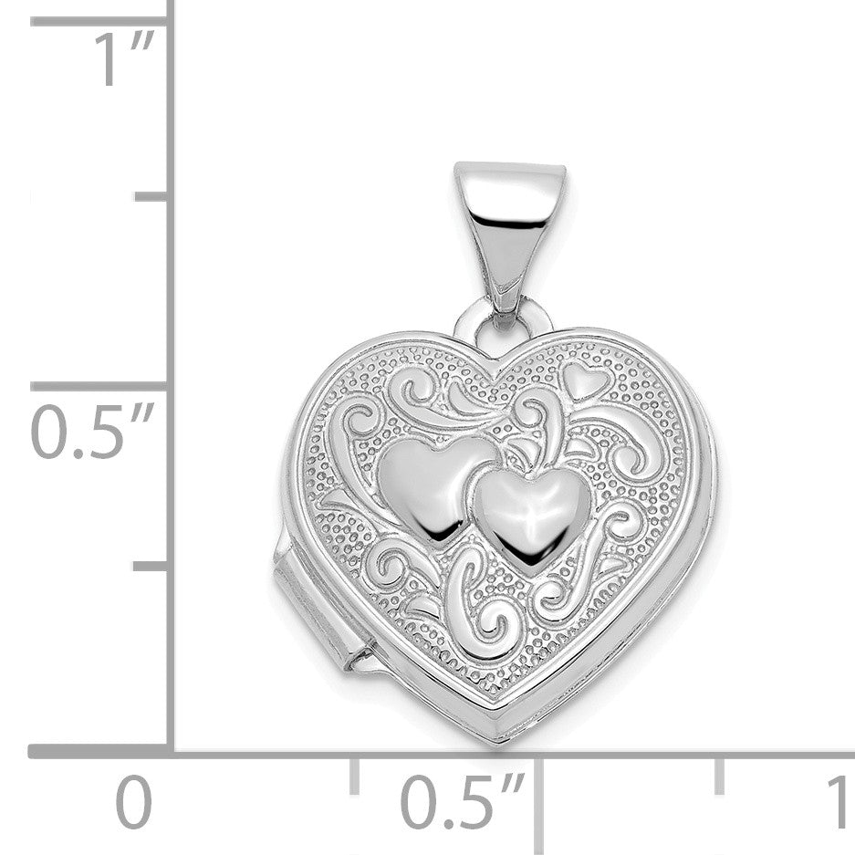 Alternate view of the 14k White Gold 15mm Double Design Heart Shaped Locket by The Black Bow Jewelry Co.