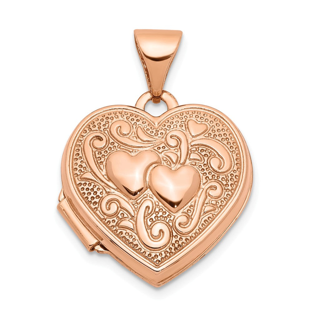 14k Rose Gold 15mm Double Design Heart Shaped Locket, Item P12191 by The Black Bow Jewelry Co.