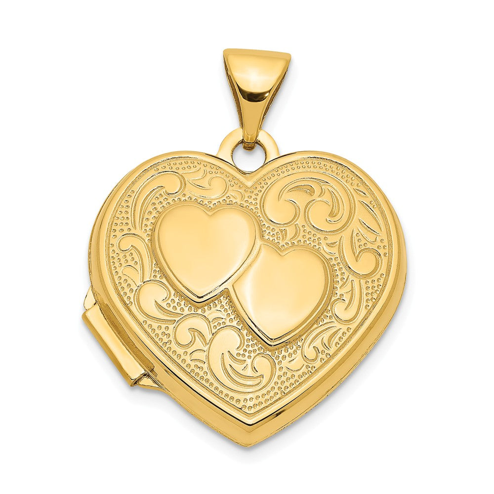 14k Yellow Gold 18mm Double Design Heart Shaped Locket, Item P12192 by The Black Bow Jewelry Co.