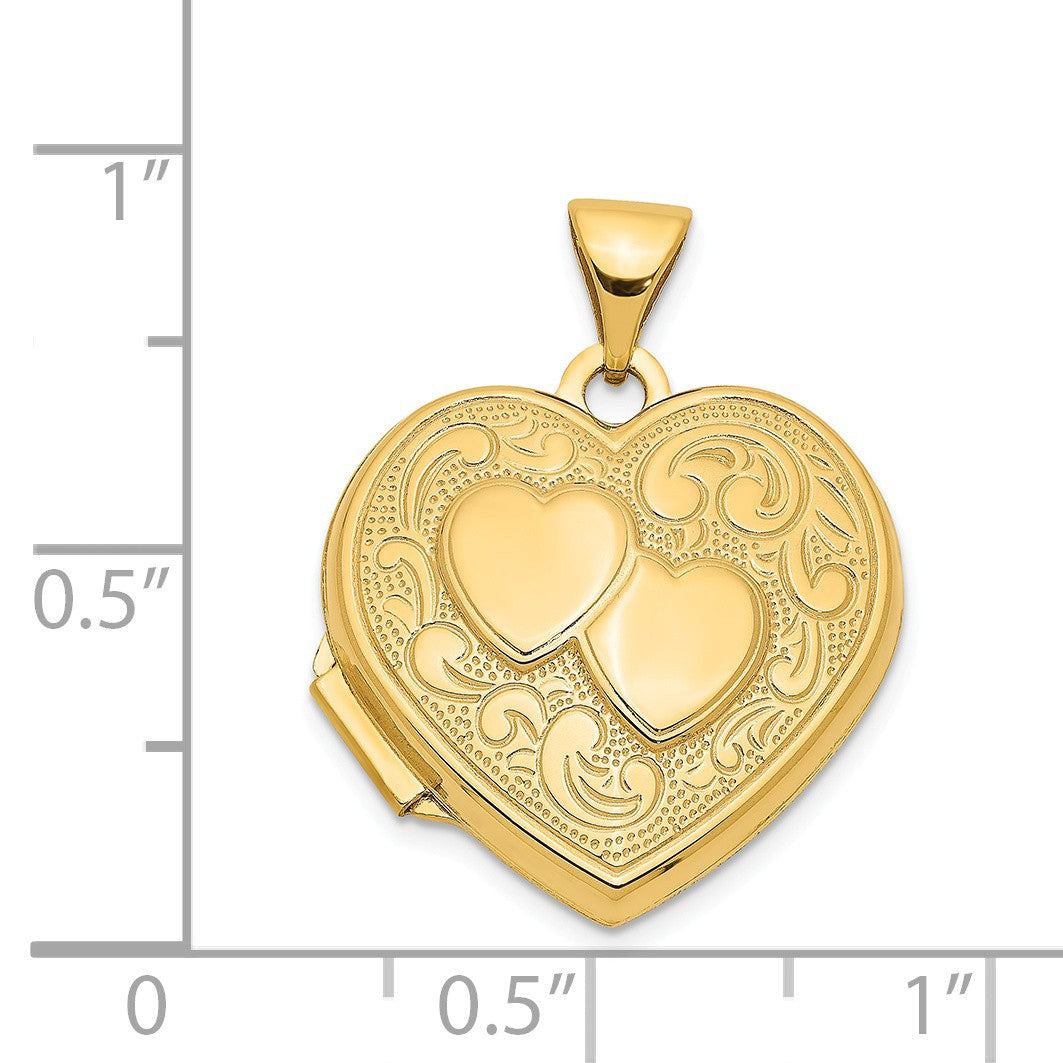 Alternate view of the 14k Yellow Gold 18mm Double Design Heart Shaped Locket by The Black Bow Jewelry Co.