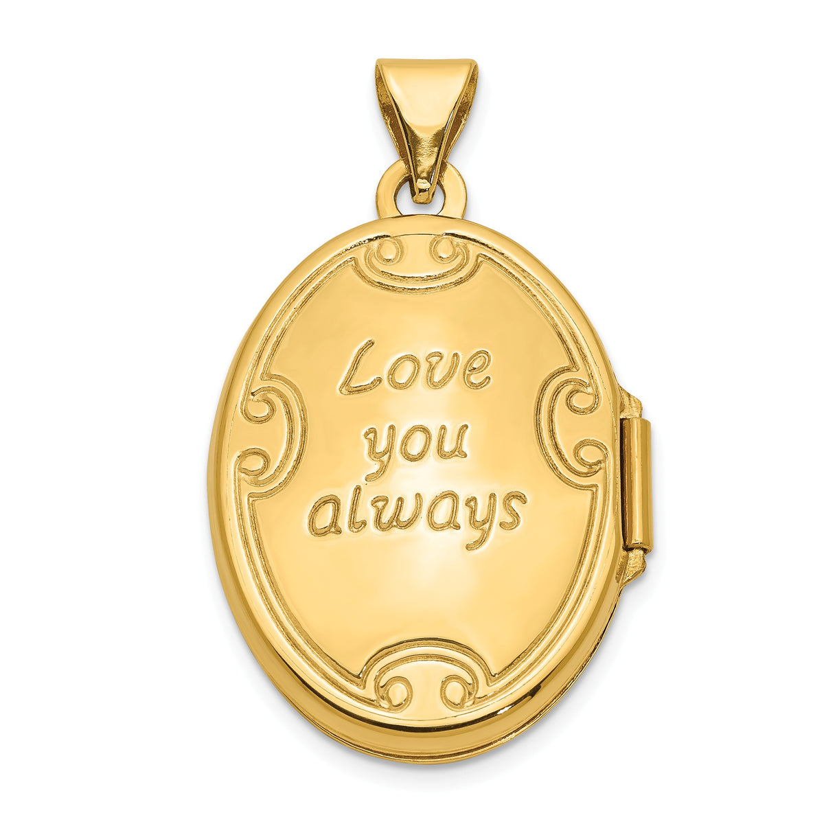 Alternate view of the 14k Yellow Gold 21mm Love You Always Scroll Oval Locket by The Black Bow Jewelry Co.