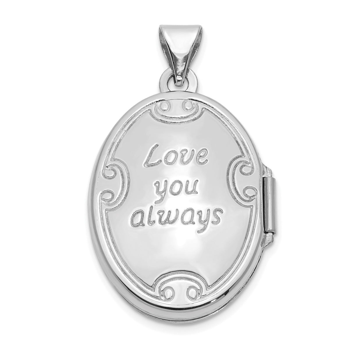 Alternate view of the 14k White Gold 21mm Love You Always Scroll Oval Locket by The Black Bow Jewelry Co.