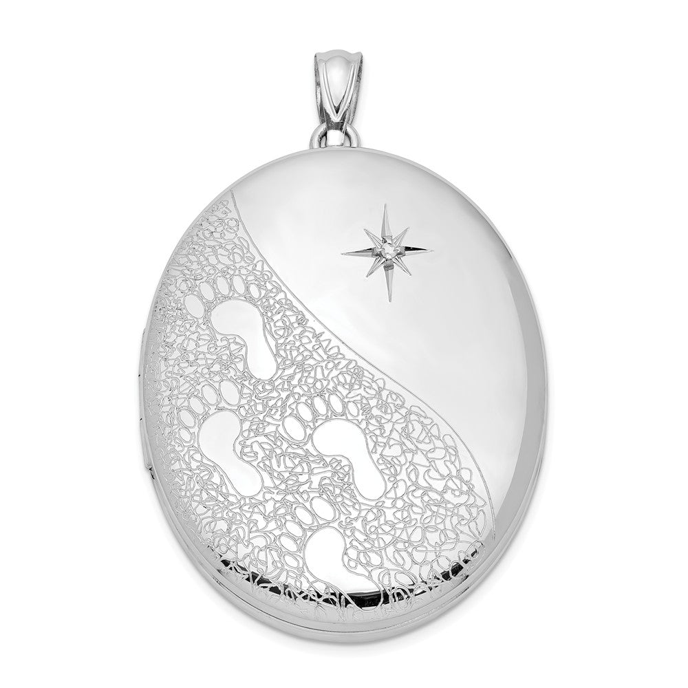 34mm Footprints and Diamond Star Oval Locket in Sterling Silver, Item P12209 by The Black Bow Jewelry Co.