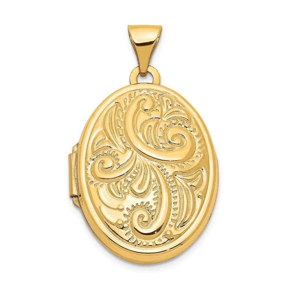 14k Yellow Gold 21mm Domed Scroll Oval Locket, Item P12241 by The Black Bow Jewelry Co.