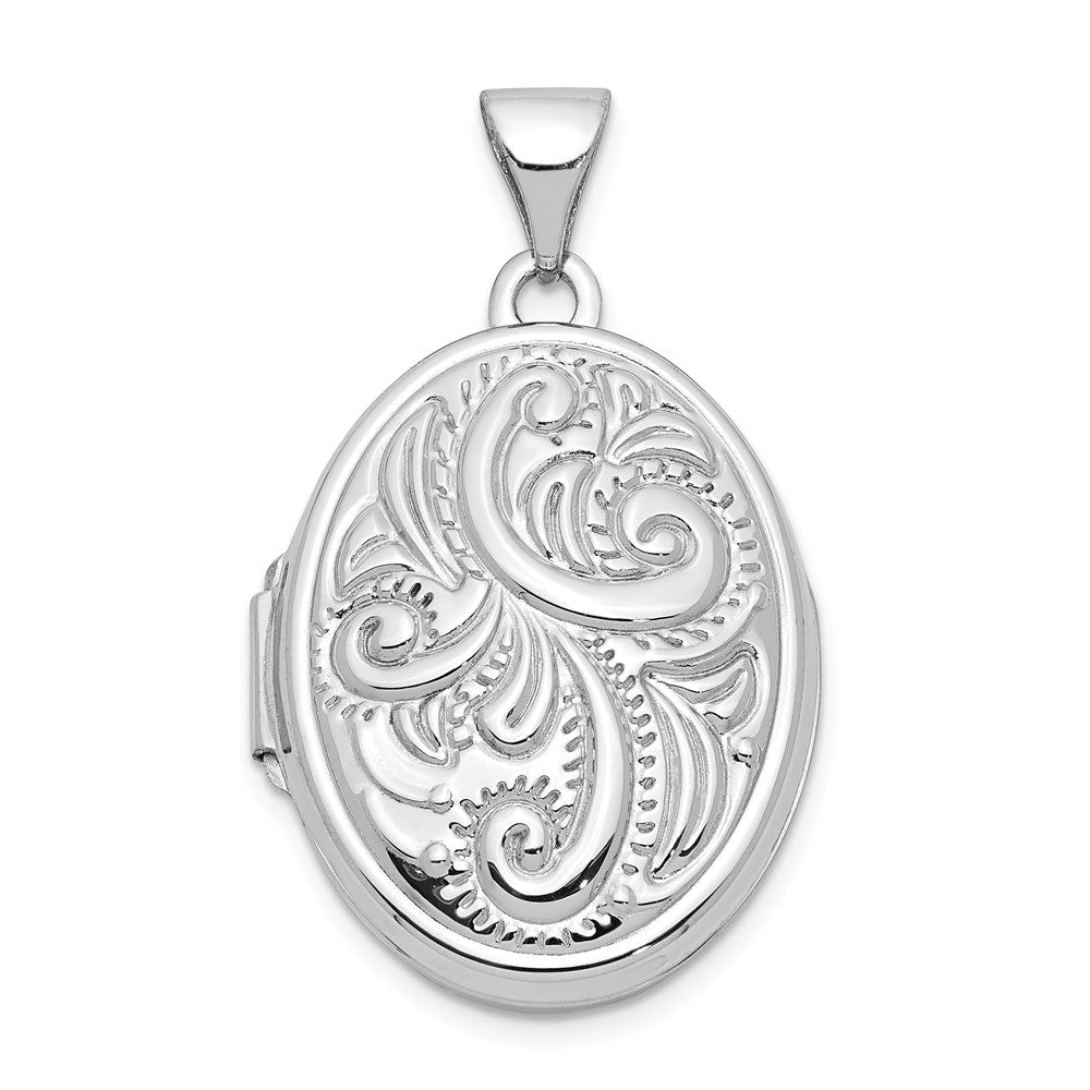 14k White Gold 21mm Domed Scroll Oval Locket, Item P12242 by The Black Bow Jewelry Co.