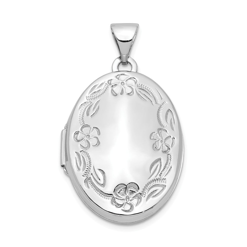 14k White Gold 21mm Hand Engraved Floral Oval Locket, Item P12246 by The Black Bow Jewelry Co.