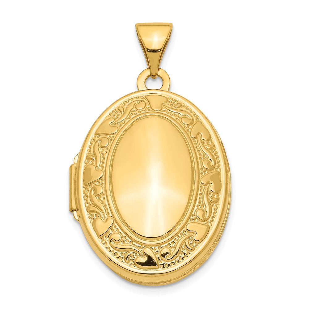 14k Yellow Gold 21mm Scroll and Hearts Border Oval Locket, Item P12249 by The Black Bow Jewelry Co.