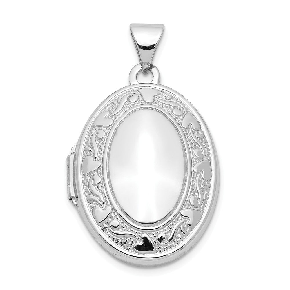 14k White Gold 21mm Scroll and Hearts Border Oval Locket, Item P12250 by The Black Bow Jewelry Co.