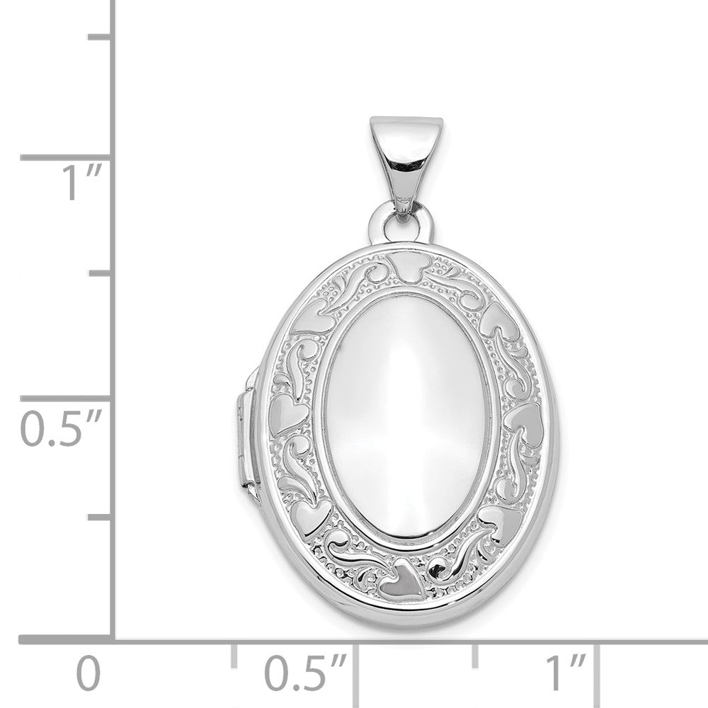 Alternate view of the 14k White Gold 21mm Scroll and Hearts Border Oval Locket by The Black Bow Jewelry Co.