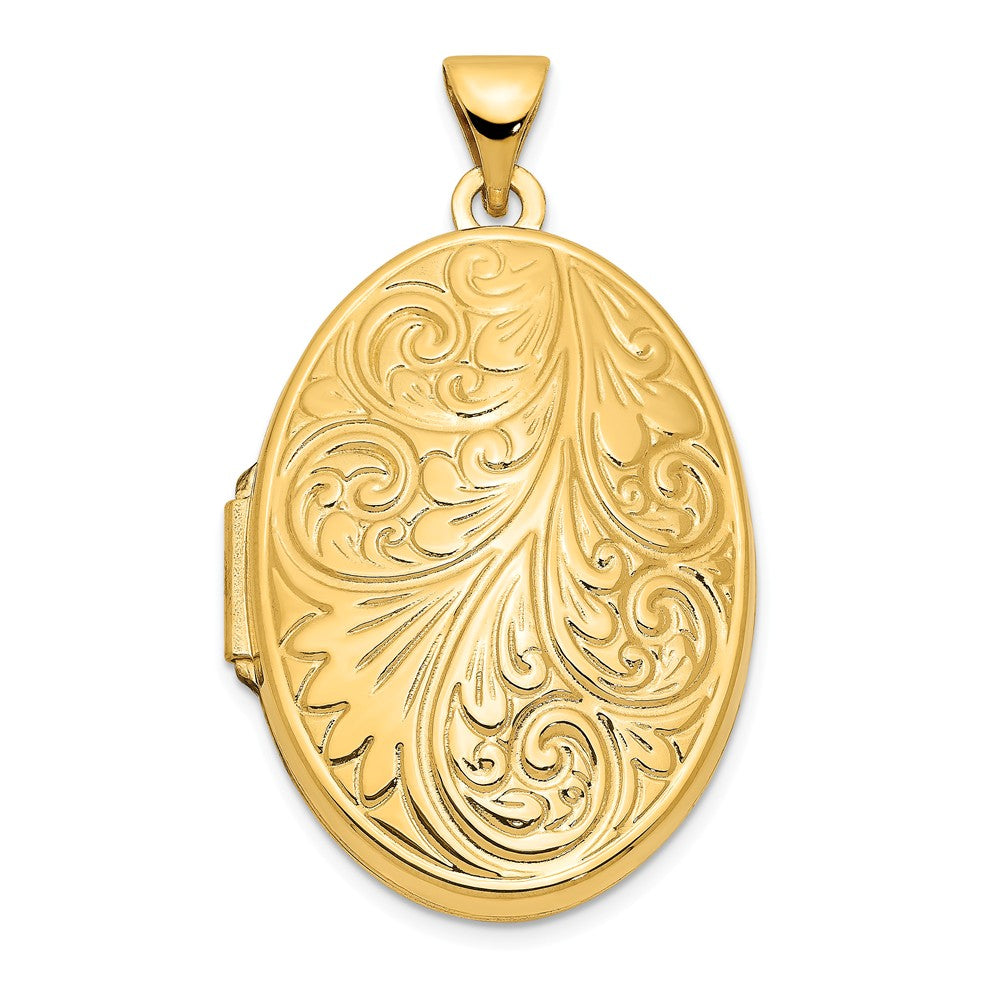 14k Yellow Gold 26mm Scroll Domed Oval Locket, Item P12260 by The Black Bow Jewelry Co.
