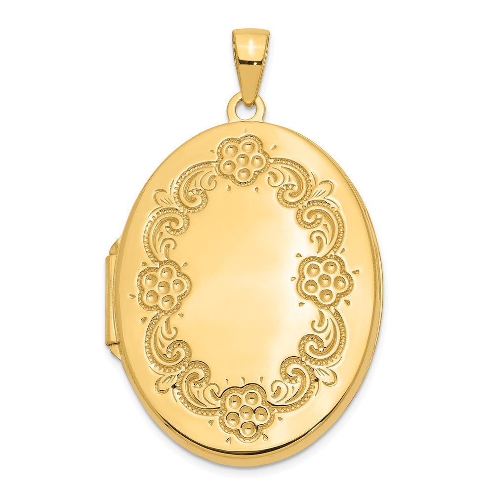 14k Yellow Gold 32mm Floral Border Oval Locket, Item P12269 by The Black Bow Jewelry Co.