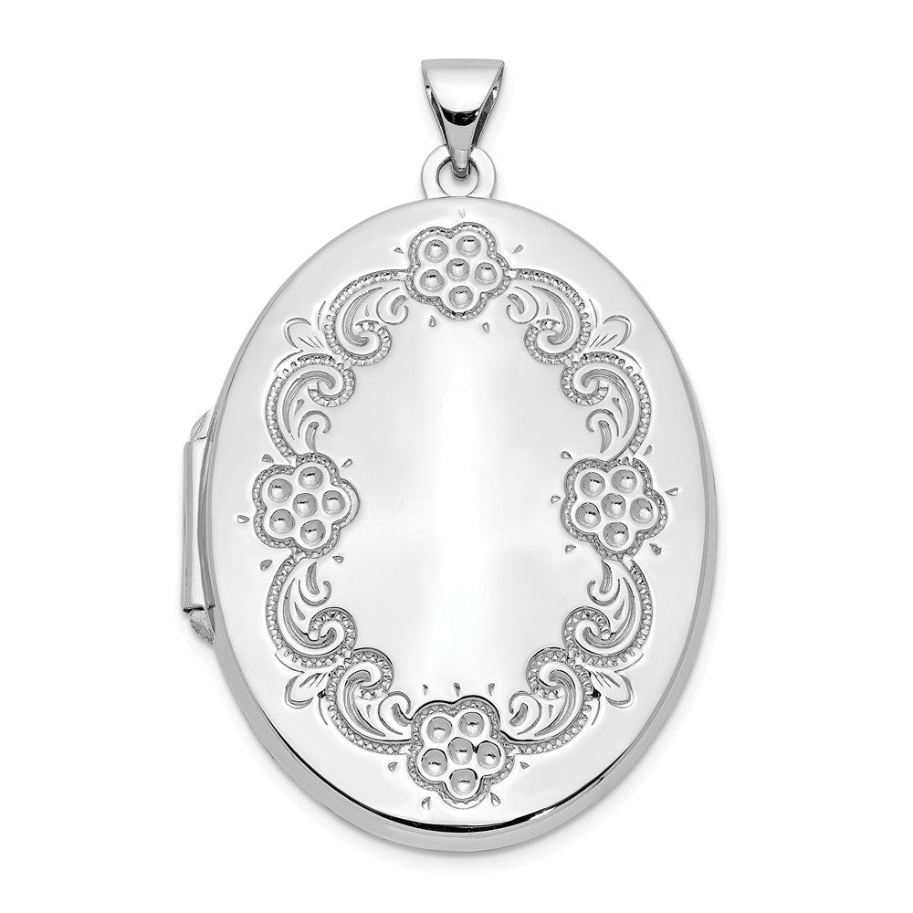 14k White Gold 32mm Floral Border Oval Locket, Item P12270 by The Black Bow Jewelry Co.