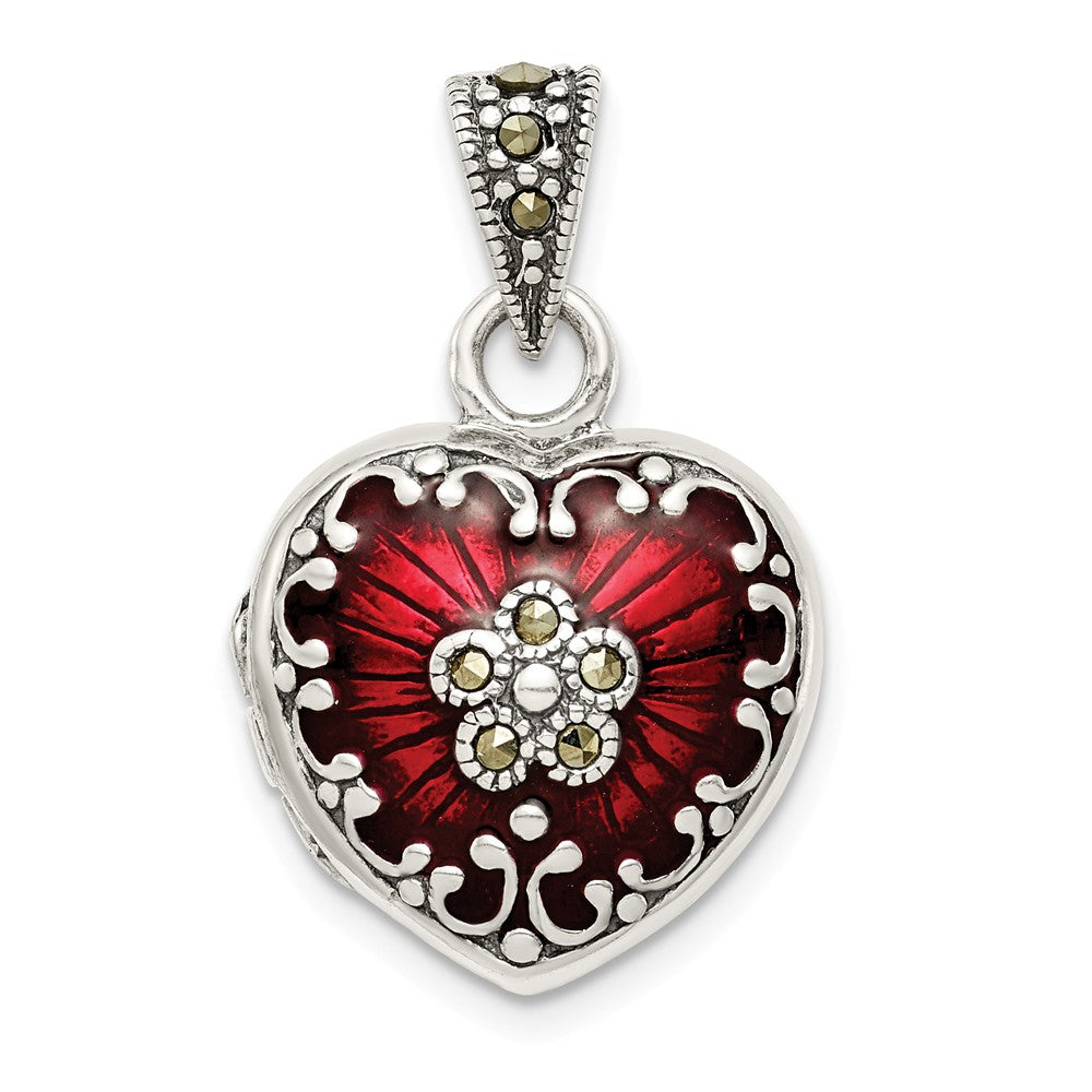 Sterling Silver, Red Enamel and Marcasite Antiqued Heart Locket, 16mm, Item P12272 by The Black Bow Jewelry Co.