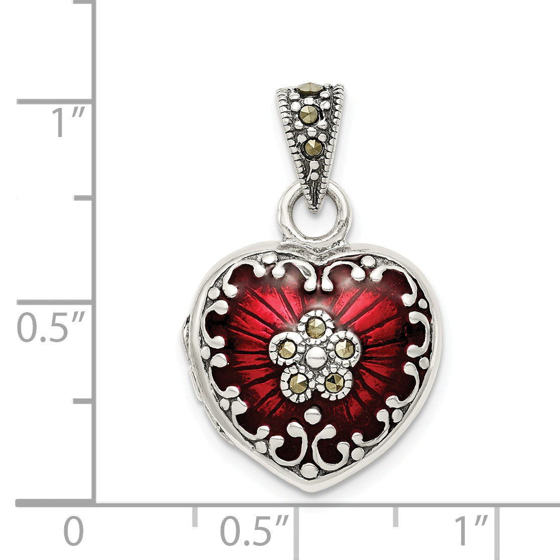 Alternate view of the Sterling Silver, Red Enamel and Marcasite Antiqued Heart Locket, 16mm by The Black Bow Jewelry Co.