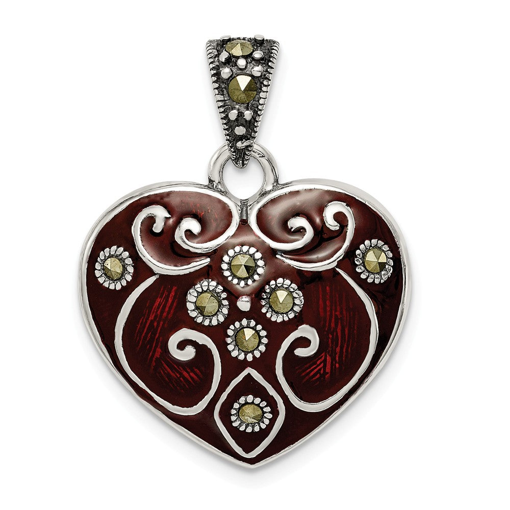 Sterling Silver, Red Enamel and Marcasite Heart Pendant, 21mm, Item P12273 by The Black Bow Jewelry Co.