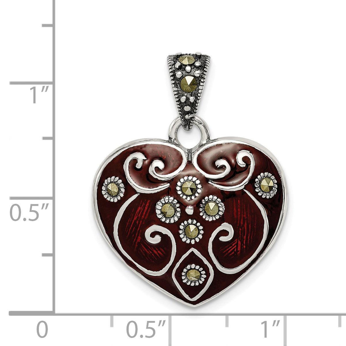 Alternate view of the Sterling Silver, Red Enamel and Marcasite Heart Pendant, 21mm by The Black Bow Jewelry Co.