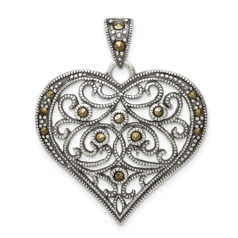 Sterling Silver and Marcasite Antiqued Scroll Heart Pendant, 29mm, Item P12275 by The Black Bow Jewelry Co.
