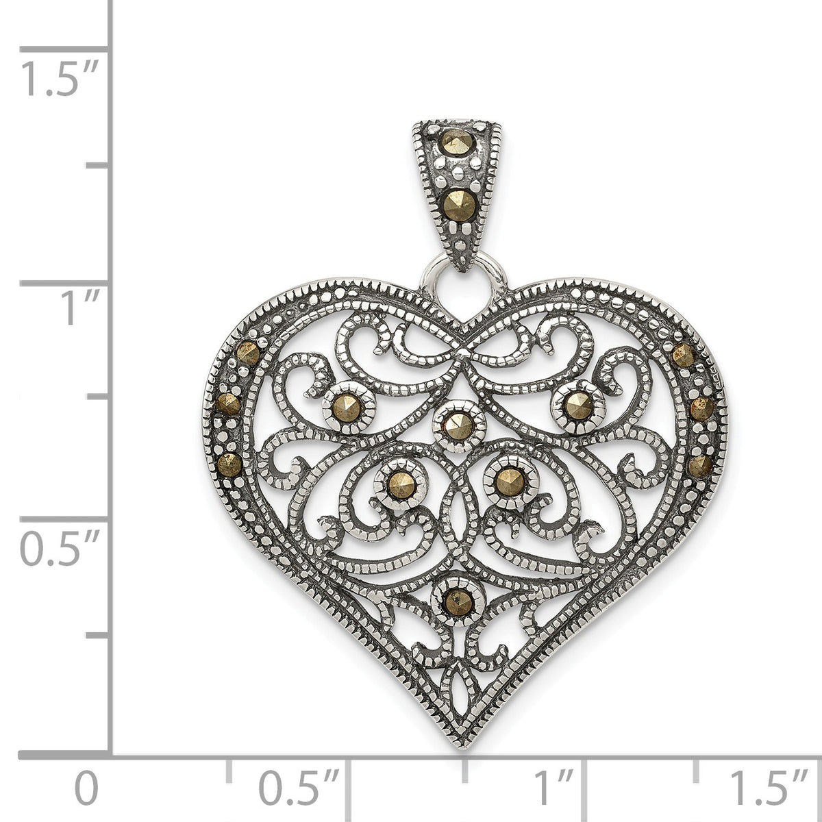 Alternate view of the Sterling Silver and Marcasite Antiqued Scroll Heart Pendant, 29mm by The Black Bow Jewelry Co.