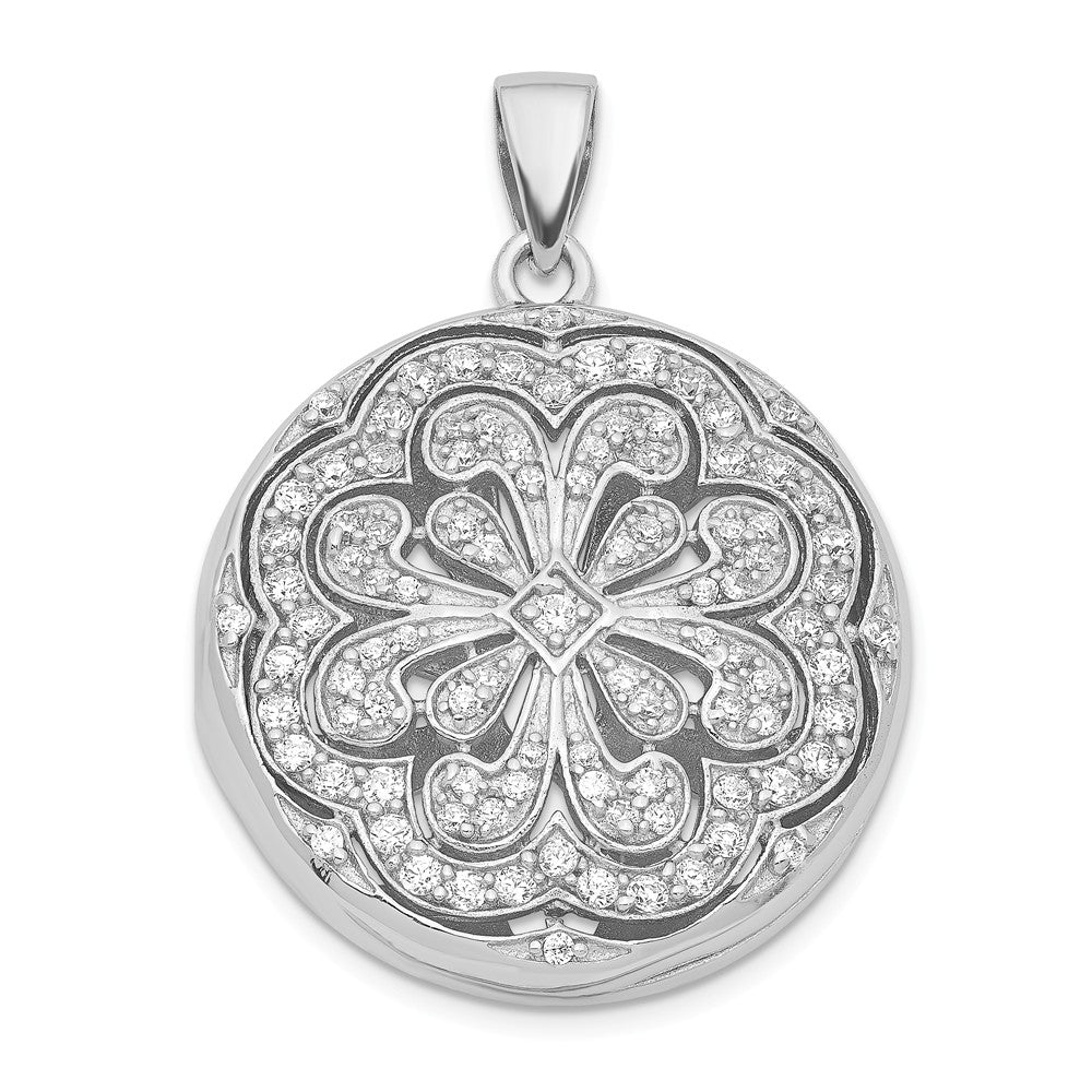Sterling Silver and Cubic Zirconia Flower Design Locket, 22mm, Item P12289 by The Black Bow Jewelry Co.