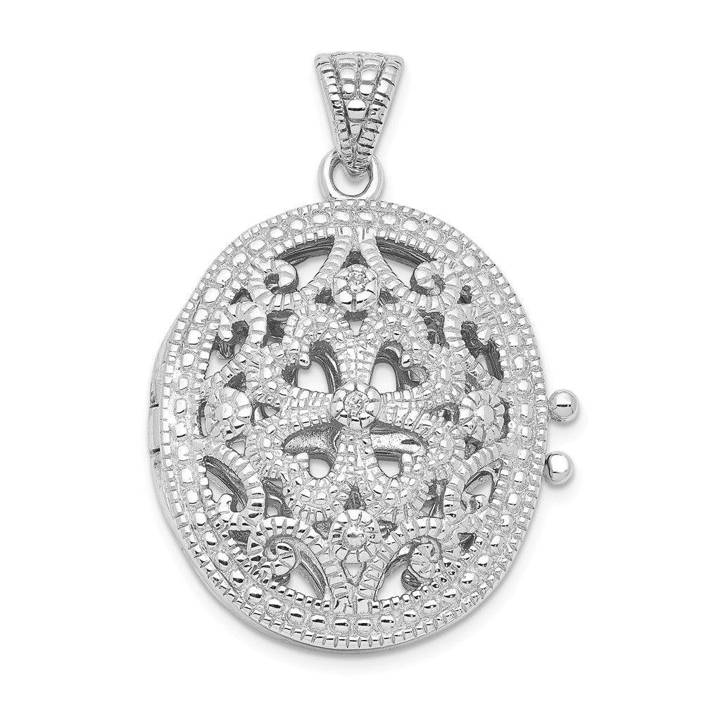 Sterling Silver and Cubic Zirconia 22mm Ornate Oval Locket, Item P12291 by The Black Bow Jewelry Co.