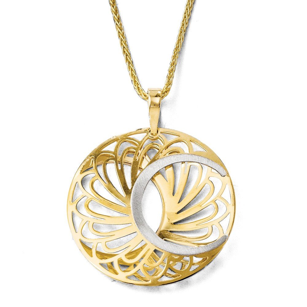 10k Two Tone Gold Polished &amp; Satin Round Pendant, 25mm, Item P12498 by The Black Bow Jewelry Co.