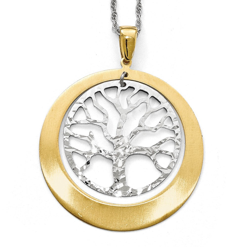 Sterling Silver and Gold Tone Textured Tree Circle Pendant, 38 x 48mm, Item P12523 by The Black Bow Jewelry Co.