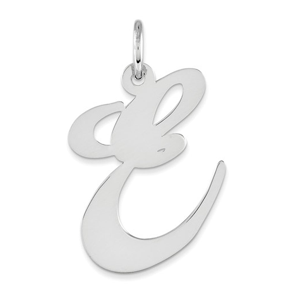 Sterling Silver, Ella Collection, LG Fancy Script Initial E Pendant, Item P14044-E by The Black Bow Jewelry Co.