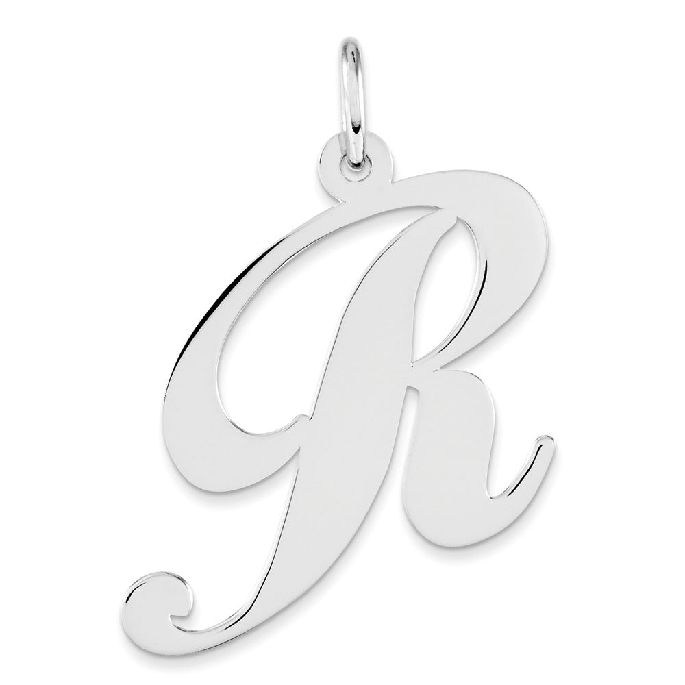 Sterling Silver, Ella Collection, LG Fancy Script Initial R Pendant, Item P14044-R by The Black Bow Jewelry Co.