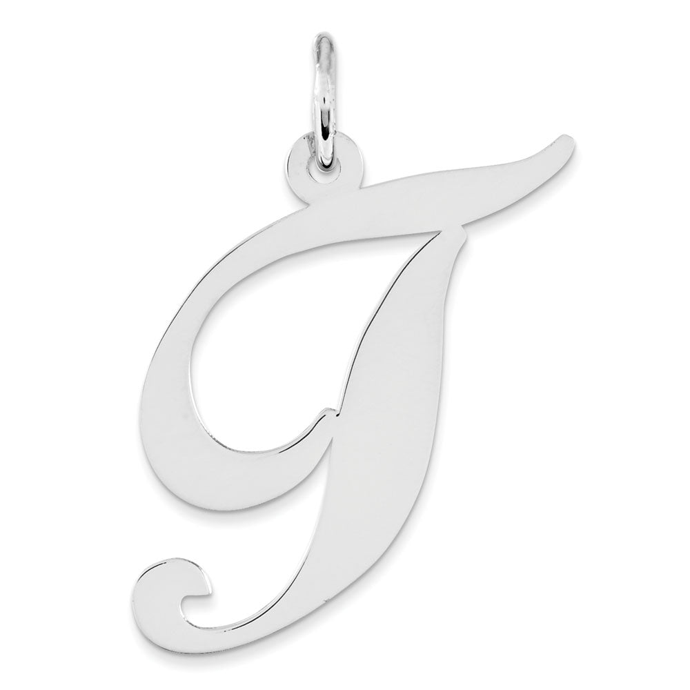 Sterling Silver, Ella Collection, LG Fancy Script Initial T Pendant, Item P14044-T by The Black Bow Jewelry Co.