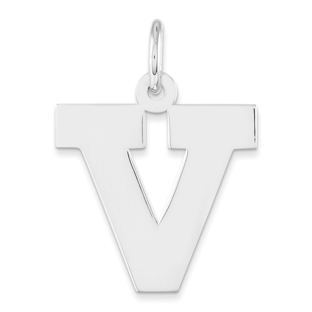 Sterling Silver Amanda Collection Medium Block Style Initial V Pendant, Item P14045-V by The Black Bow Jewelry Co.