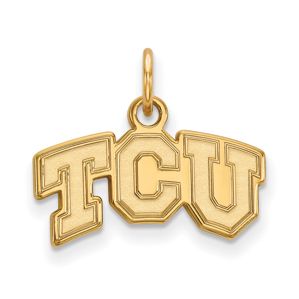 10k Yellow Gold Texas Christian U. XS (Tiny) &#39;TCU&#39; Charm or Pendant, Item P14095 by The Black Bow Jewelry Co.
