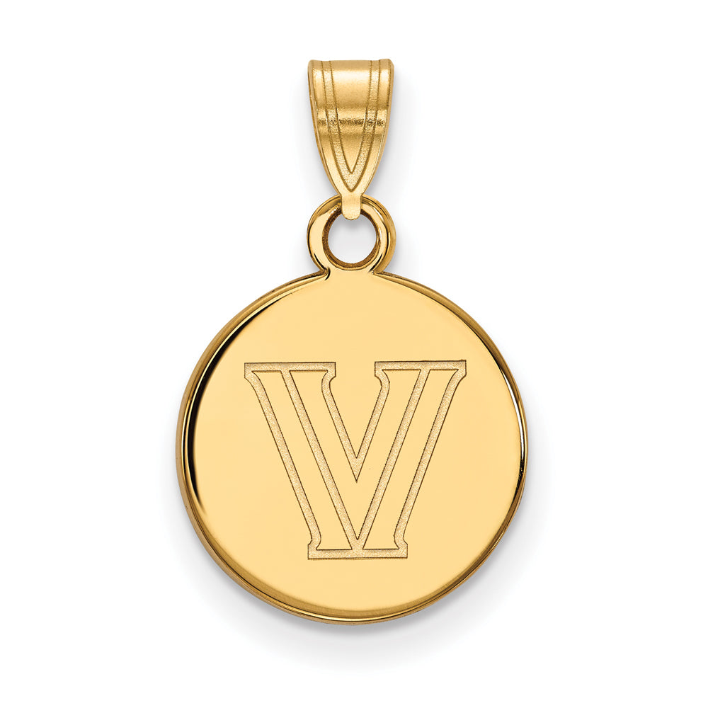 14k Yellow Gold Villanova U. Small Logo Disc Pendant, Item P14723 by The Black Bow Jewelry Co.