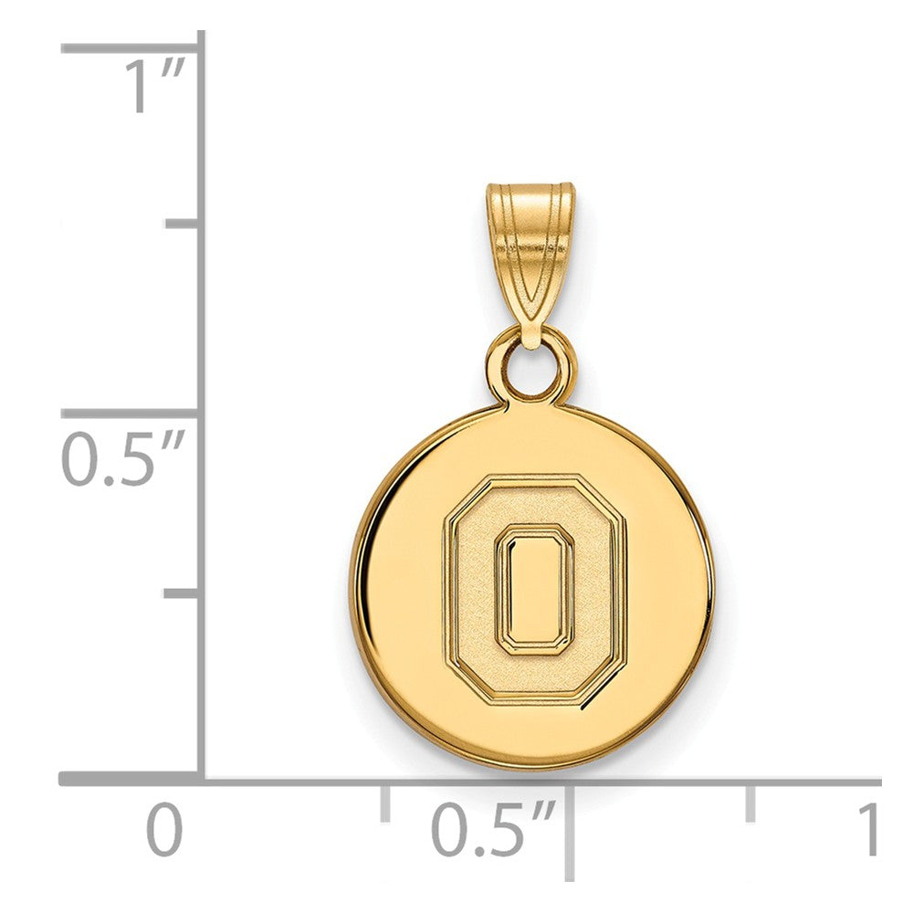 Alternate view of the 14k Yellow Gold Ohio State Small &#39;O&#39; Disc Pendant by The Black Bow Jewelry Co.