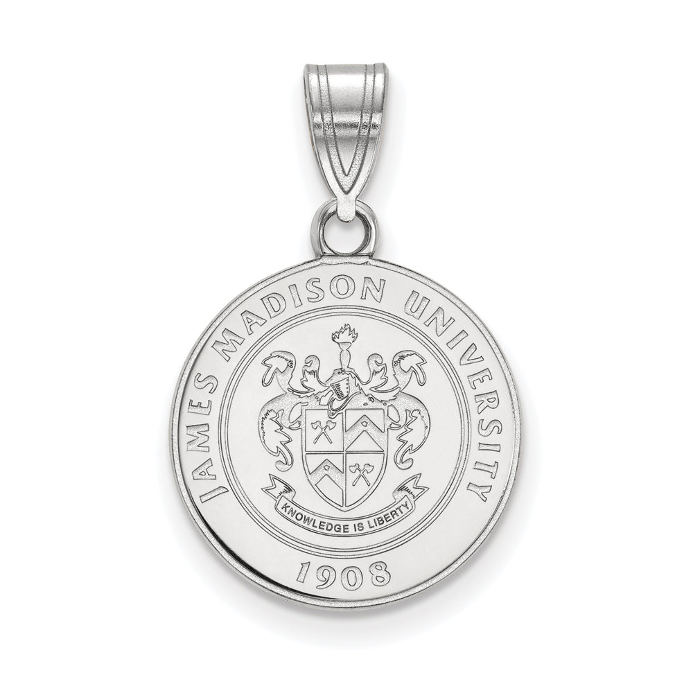Sterling Silver James Madison U Medium Crest Pendant, Item P15192 by The Black Bow Jewelry Co.