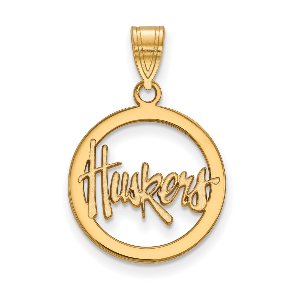 14k Gold Plated Silver U. of Nebraska Small Circle &#39;Huskers&#39; Pendant, Item P20872 by The Black Bow Jewelry Co.