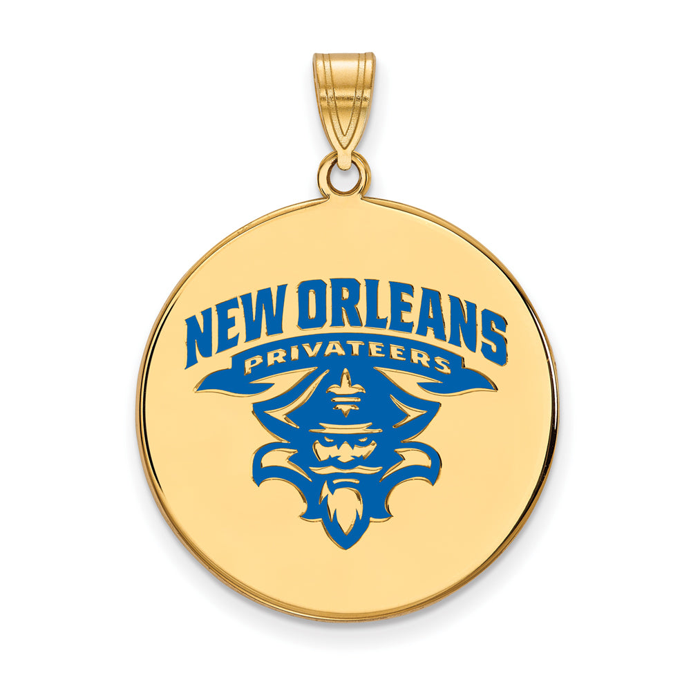 14k Gold Plated Silver U. of New Orleans XL Enamel Disc Pendant, Item P21299 by The Black Bow Jewelry Co.