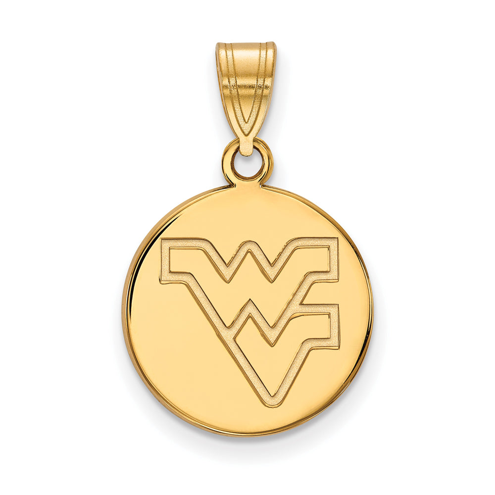 14k Gold Plated Silver West Virginia U. Medium Logo Disc Pendant, Item P25271 by The Black Bow Jewelry Co.