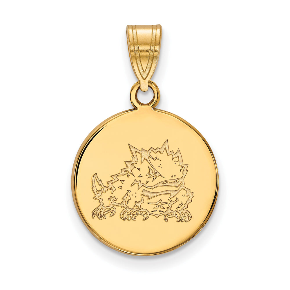 14k Gold Plated Silver Texas Christian U. Medium Disc Pendant, Item P25279 by The Black Bow Jewelry Co.