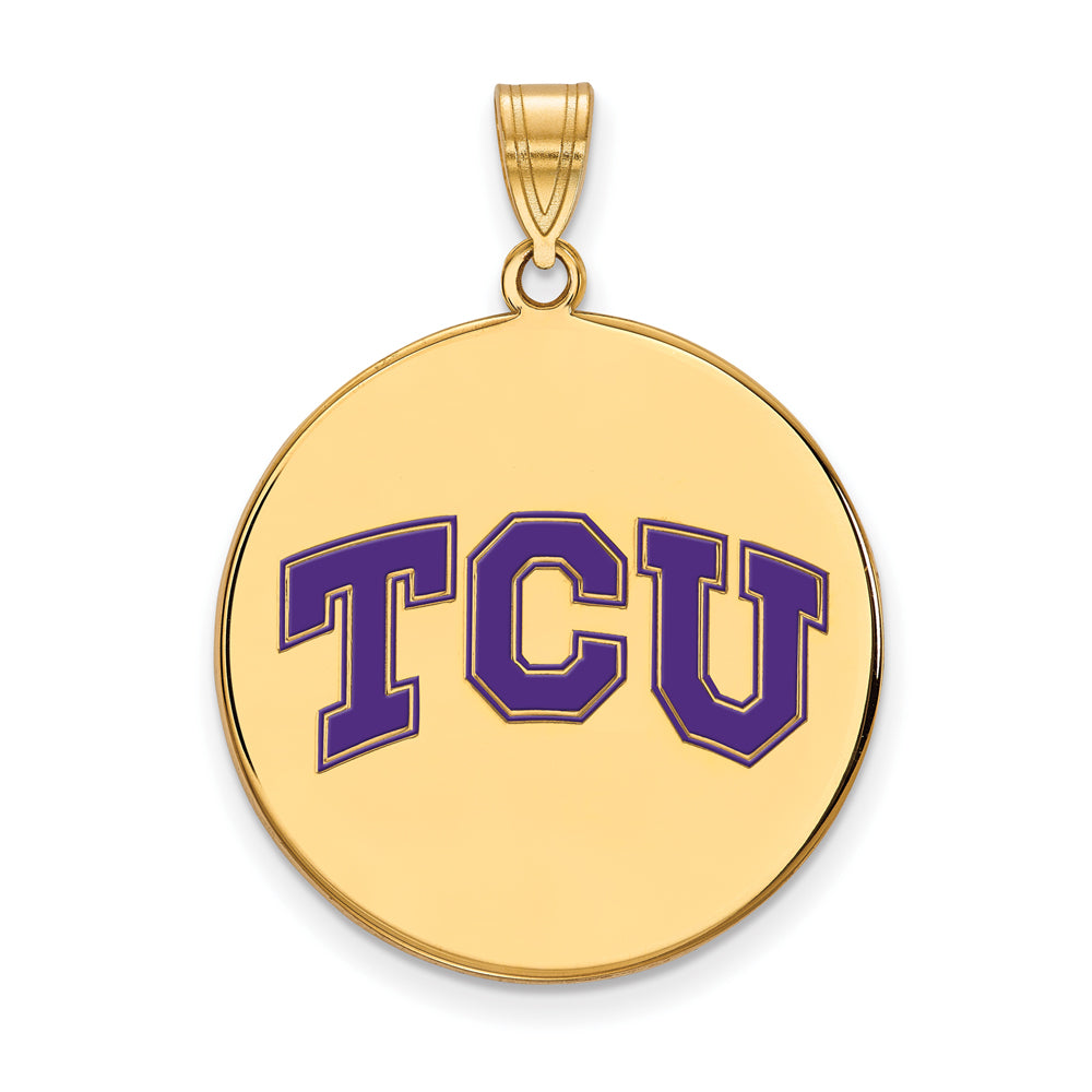 14k Gold Plated Silver Texas Christian U. XL Enamel Disc Pendant, Item P25336 by The Black Bow Jewelry Co.
