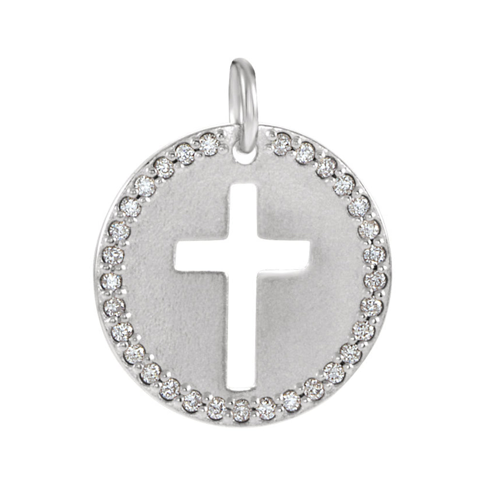 14k White Gold and 0.08 Ctw Diamond Disc Cross Charm or Pendant, 12mm, Item P25651 by The Black Bow Jewelry Co.