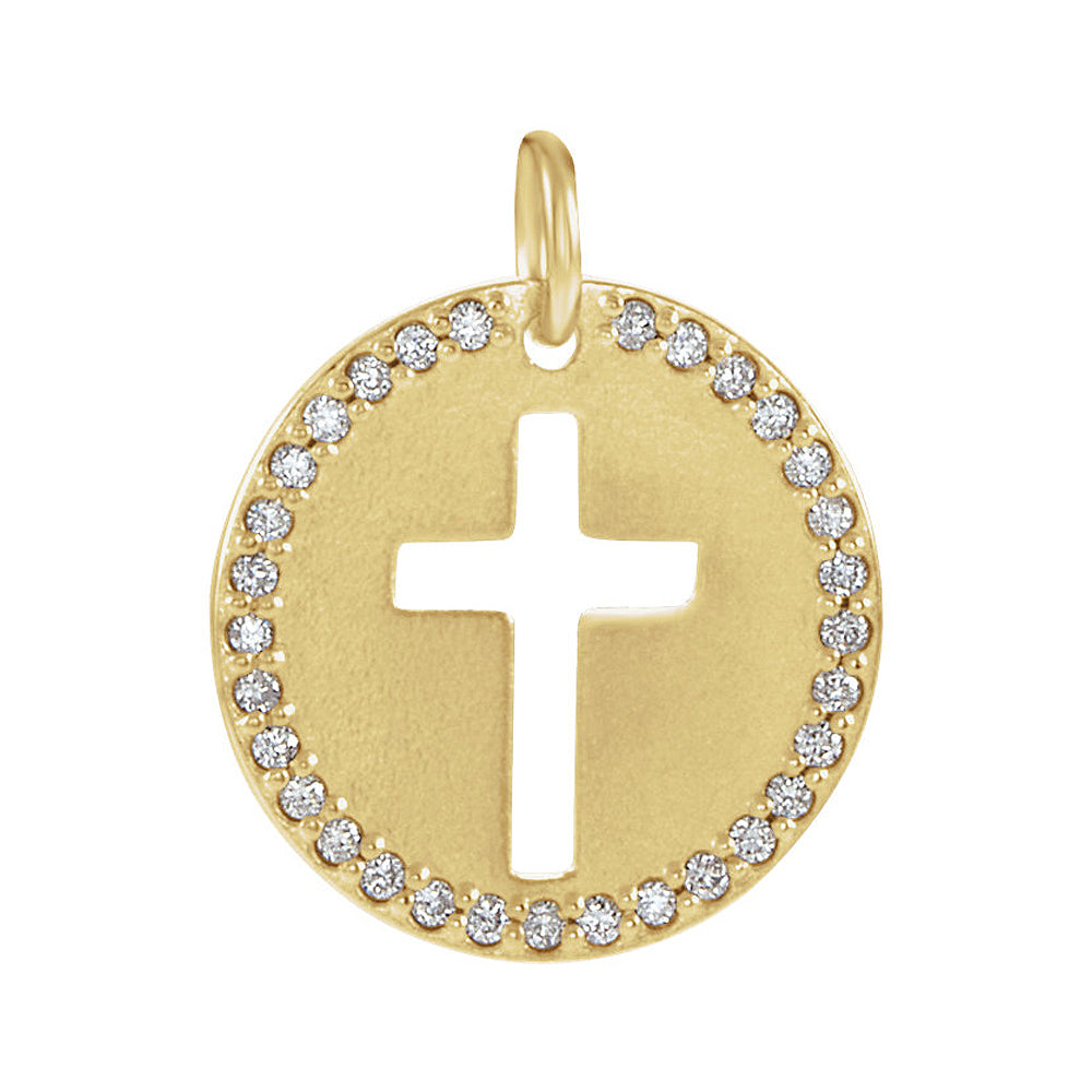 14k Yellow Gold and 0.08 Ctw Diamond Disc Cross Charm or Pendant, 12mm, Item P25652 by The Black Bow Jewelry Co.