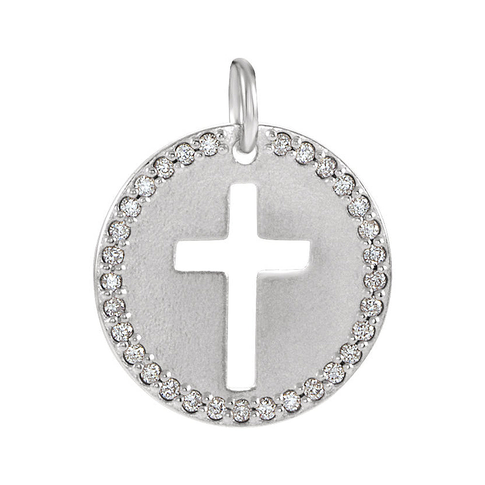 Sterling Silver and 0.08 Ctw Diamond Disc Cross Charm or Pendant, 12mm, Item P25654 by The Black Bow Jewelry Co.