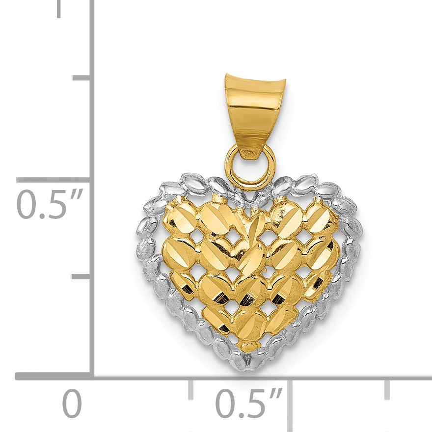 Alternate view of the 14k Yellow Gold and Rhodium Diamond Cut Heart Pendant, 14mm by The Black Bow Jewelry Co.