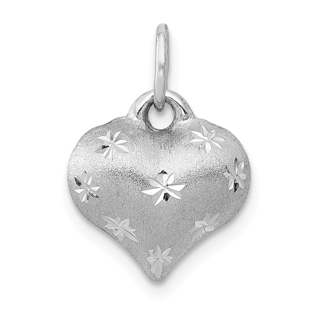 14k White Gold Satin and Diamond Cut Puffed Heart Charm Pendant, 11mm, Item P25720 by The Black Bow Jewelry Co.