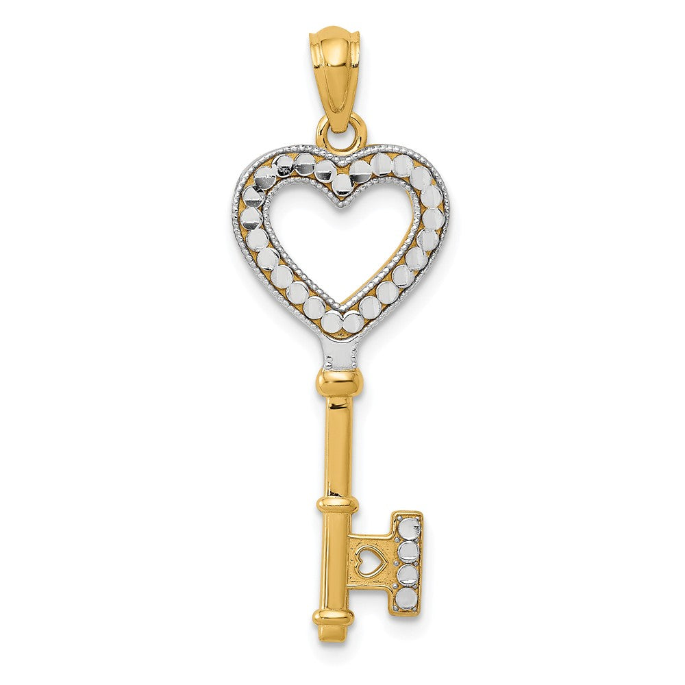 14k Yellow Gold and White Rhodium Heart Key Pendant, 12mm, Item P25751 by The Black Bow Jewelry Co.