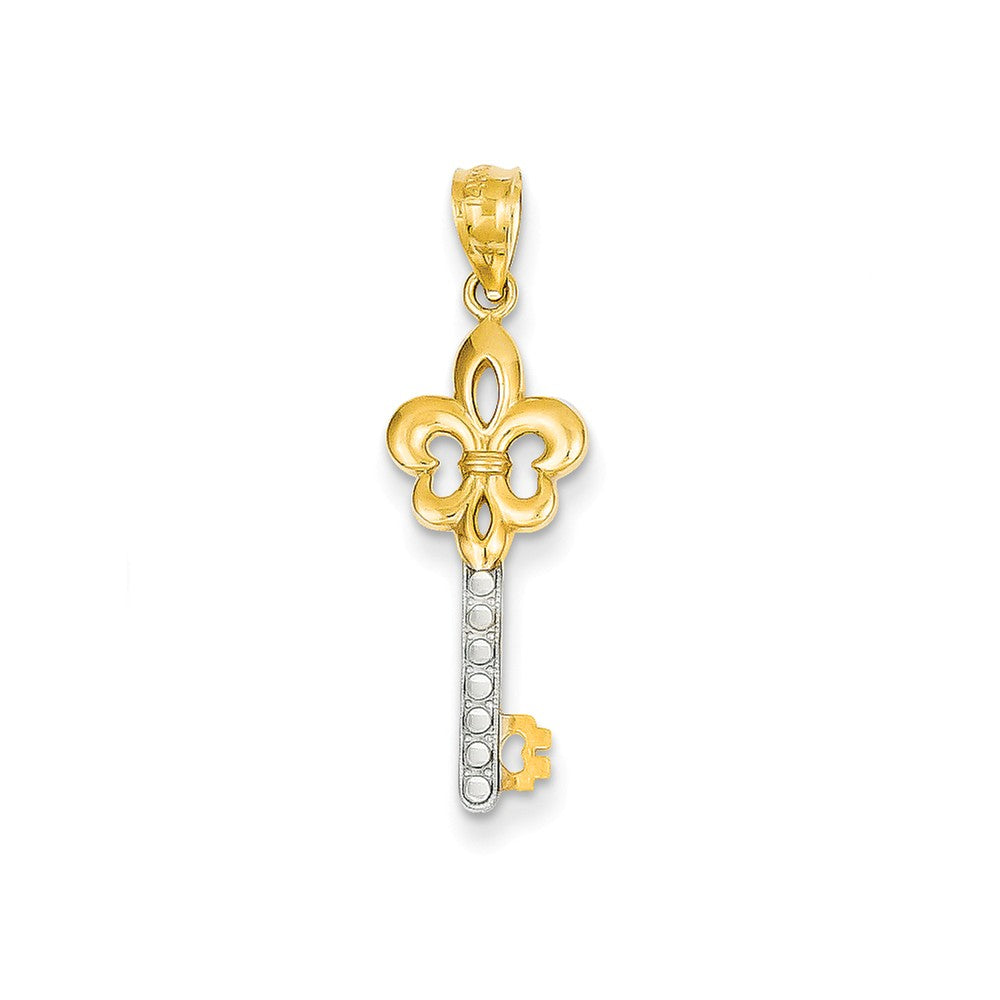 14k Yellow Gold and White Rhodium Plated Fleur De Lis Key Pendant, 8mm, Item P25780 by The Black Bow Jewelry Co.