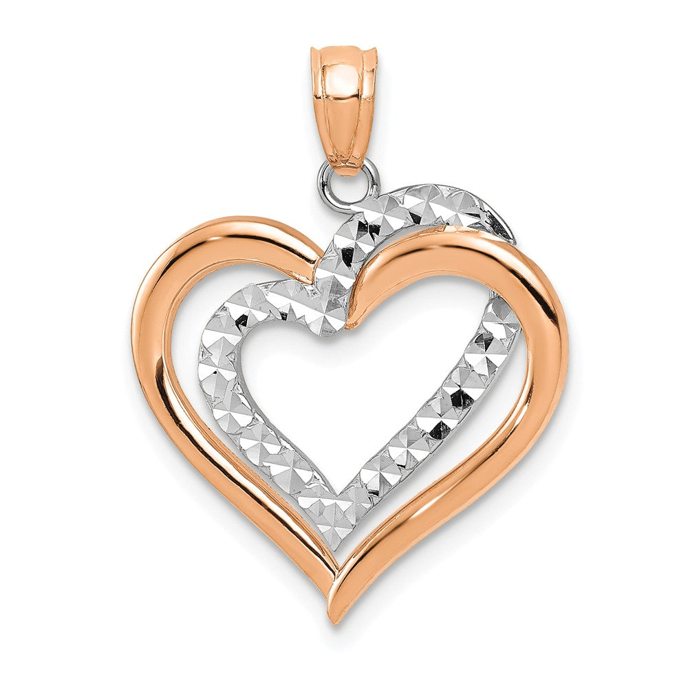 14k Rose Gold and White Gold Diamond Cut Heart Pendant, 19mm, Item P25785 by The Black Bow Jewelry Co.